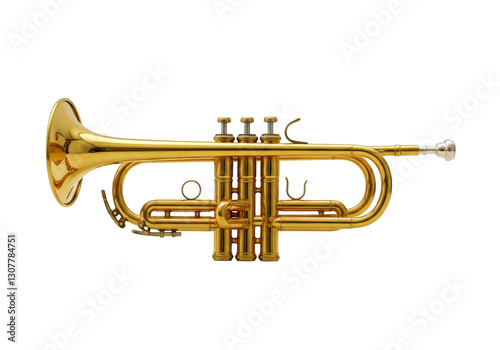 Golden brass trumpet in soft light isolated on transparent background