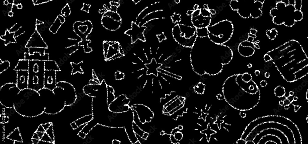 Chalk cute seamless pattern with fairy, magic wand, unicorn, rainbow and castle on school blackboard. Childish hand drawn pattern with white doodle magic elements, vector illustration Chalk cute seamless pattern with fairy, magic wand, unicorn, rainbow and castle on school blackboard. Childish hand drawn pattern with white doodle magic elements, vector illustration
