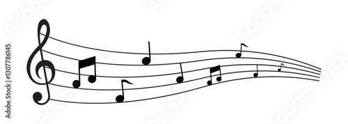 Musical notes on the musical state. Wave of musical song with notes and key symbol. Symphonic harmony and sound wave. Audio recording, sound rhythm. Musical notes on a stick. EPS 10. Vector illustrati