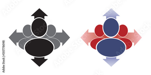 Group of three people with multidirectional arrows, flat style icon. Groups of users and colleagues. Teamwork logo. Activity and creativity. Multiuser activity. EPS 10. Vector illustrations