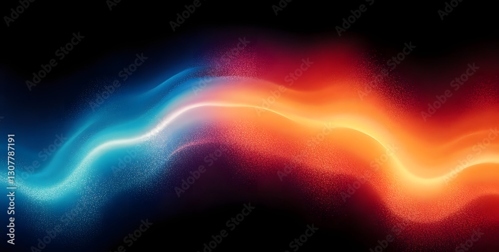 Obraz premium Vibrant rainbow, orange blue teal white psychedelic grainy gradient color flow wave on black background, music cover dance party poster design. Retro Colors from the 1970s 1980s, 70s, 80s, 90s style