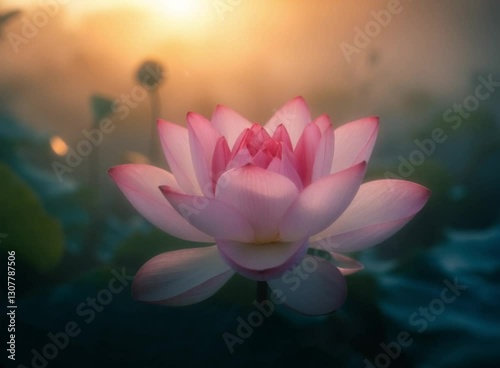 A beautiful pink lotus or water lily flower blooms on a pond in the morning mist,