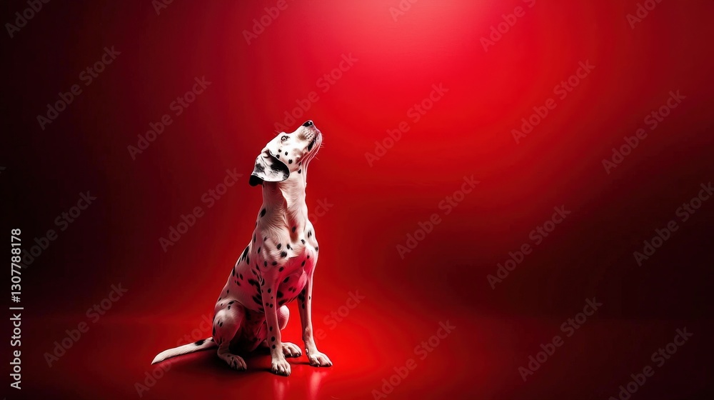 Fototapeta premium Confident Dalmatian Sitting Against a Plain Red Background