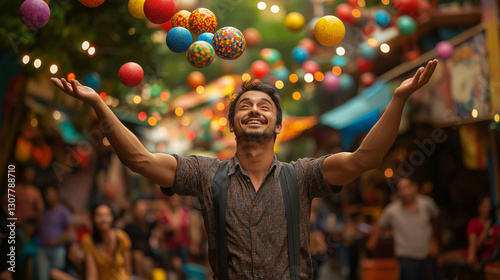 A juggler tossing colorful balls into the air, with a lively audience in the background