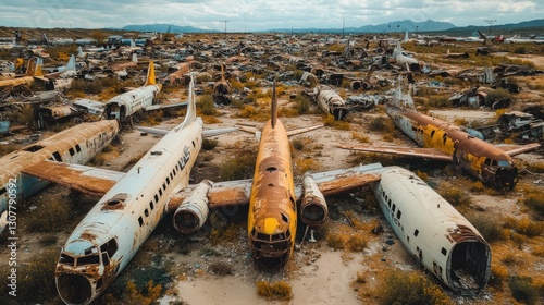 Surreal Aerial View of Abandoned Airplane Graveyard in Nature