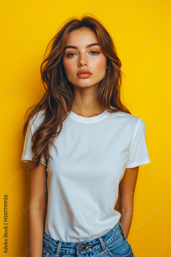 Fototapeta premium A woman wearing a white t-shirt and jeans poses for a picture