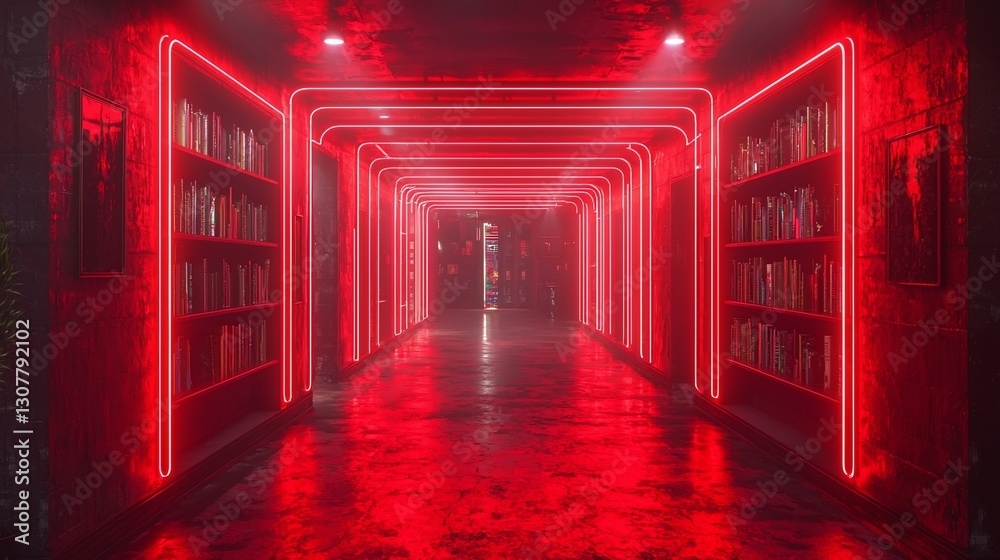 Fototapeta premium Red neon-lit corridor with bookshelves.