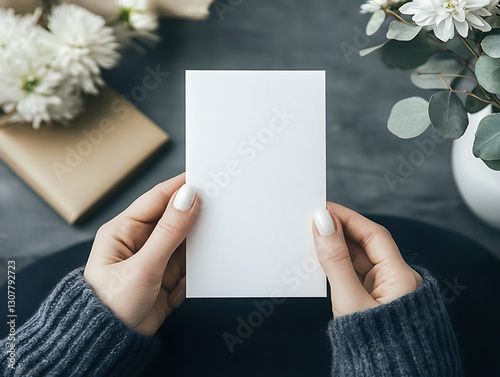 wedding card mockup, invitation card mockup, birthday card mockup, thank you card mockup, white blank paper card mockup held by a woman, flower vase and black table background