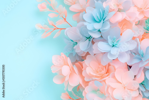 Pastel flowers on blue background; spring floral arrangement, ideal for greeting cards or website banners