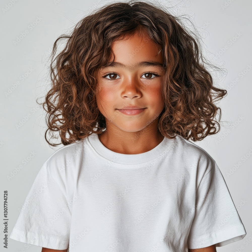A small child with gorgeous curly hair strikes a pose in front of a white backdrop with confidence A small child with gorgeous curly hair strikes a pose in front of a white backdrop with confidence
