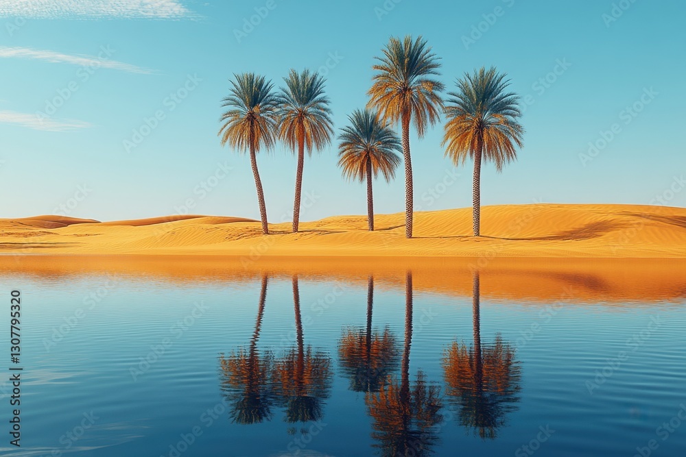 Fototapeta premium Desert Oasis Reflection: A stunning visual of a desert oasis, with palm trees mirrored in the tranquil waters, against a backdrop of rolling sand dunes under a clear, sunny sky.