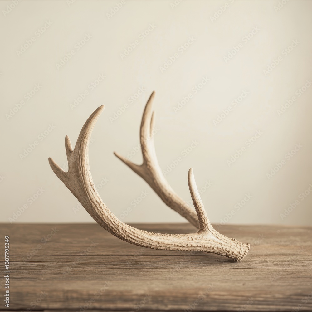 Fototapeta premium Intricate Antler Displayed on Natural Wooden Surface in Soft Light