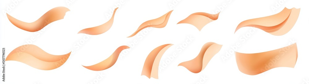 Fototapeta premium Twenty-four orange paper sheets are flying and waving in the wind, arranged in a set of curled icons