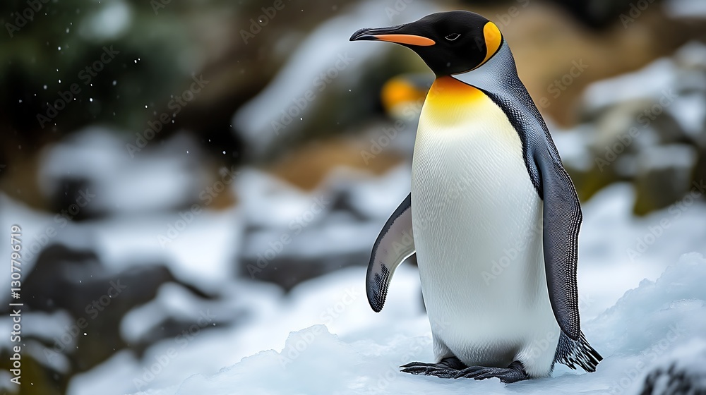 Fototapeta premium Penguin stands tall in icy, snowy landscape