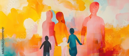 Abstract Illustration of Family Walking Together Against Vibrant Background