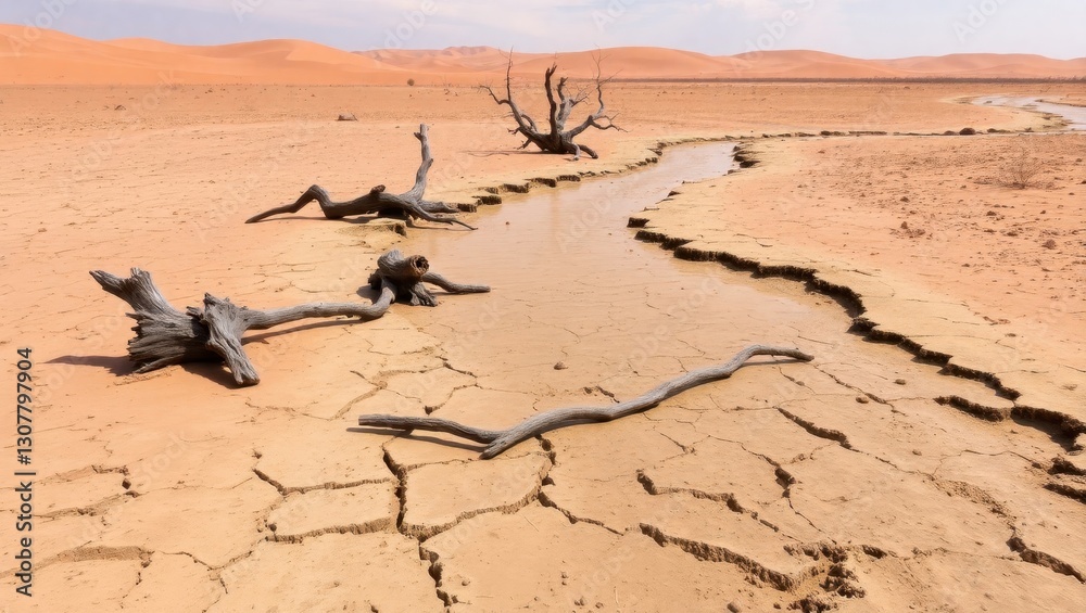 Obraz premium Dried riverbed with scattered tree branches under the hot sun in a desert landscape