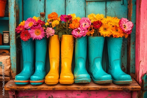 Vibrant flowers are showcased in a lively display, with colorful rain boots serving as their unique planters