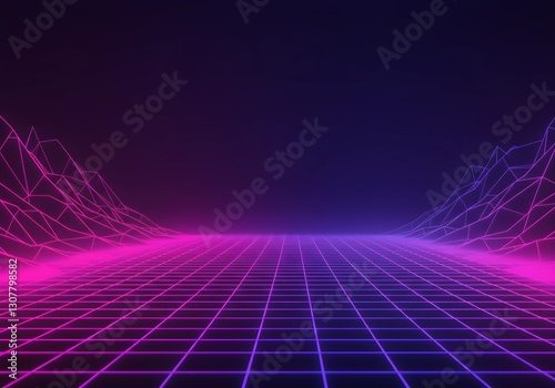 Digital Horizon: A vibrant digital landscape with a grid of interconnected lines, bathed in the atmospheric glow of pink and purple neon hues.