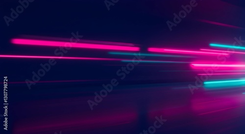Illuminated Pathways: Neon streaks of vibrant pink and teal light burst across a deep blue expanse, creating a sense of dynamic movement and futuristic energy.