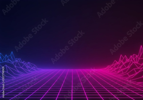Retro Neon Landscape: A stunning digital landscape rendered in vibrant neon hues, with a retro grid and polygonal mountains, evokes a sense of nostalgia and futuristic aesthetics.