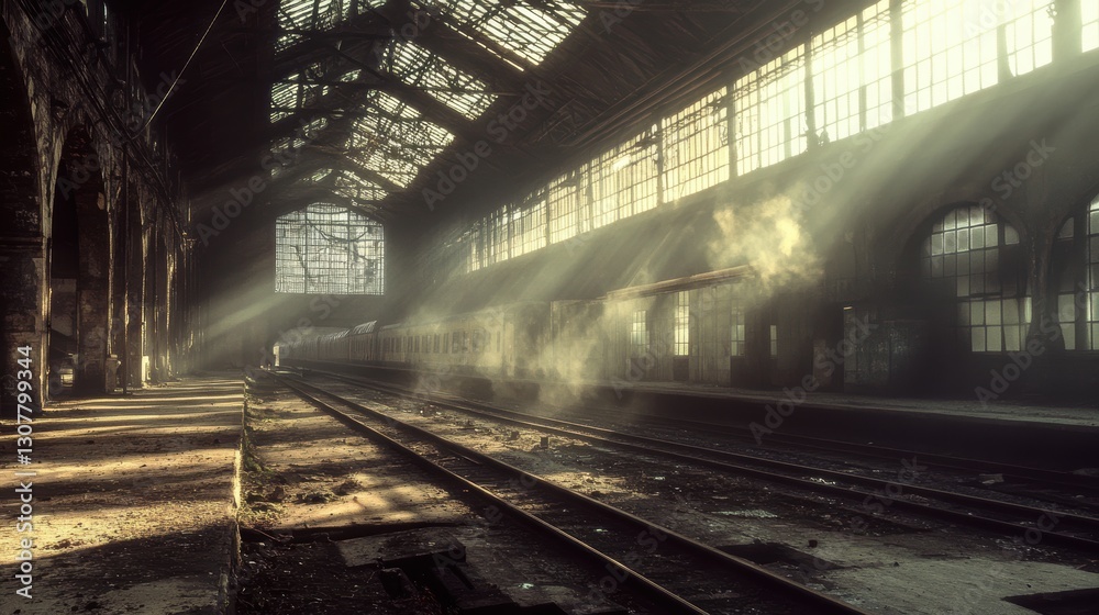 Sunlight Streams Through Abandoned Train Station with Dust and Shadows Sunlight Streams Through Abandoned Train Station with Dust and Shadows