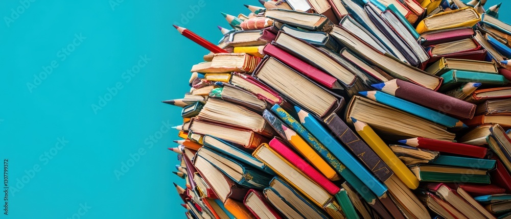 Obraz premium Colorful Pile of Books and Pencils Creating a Vibrant Composition