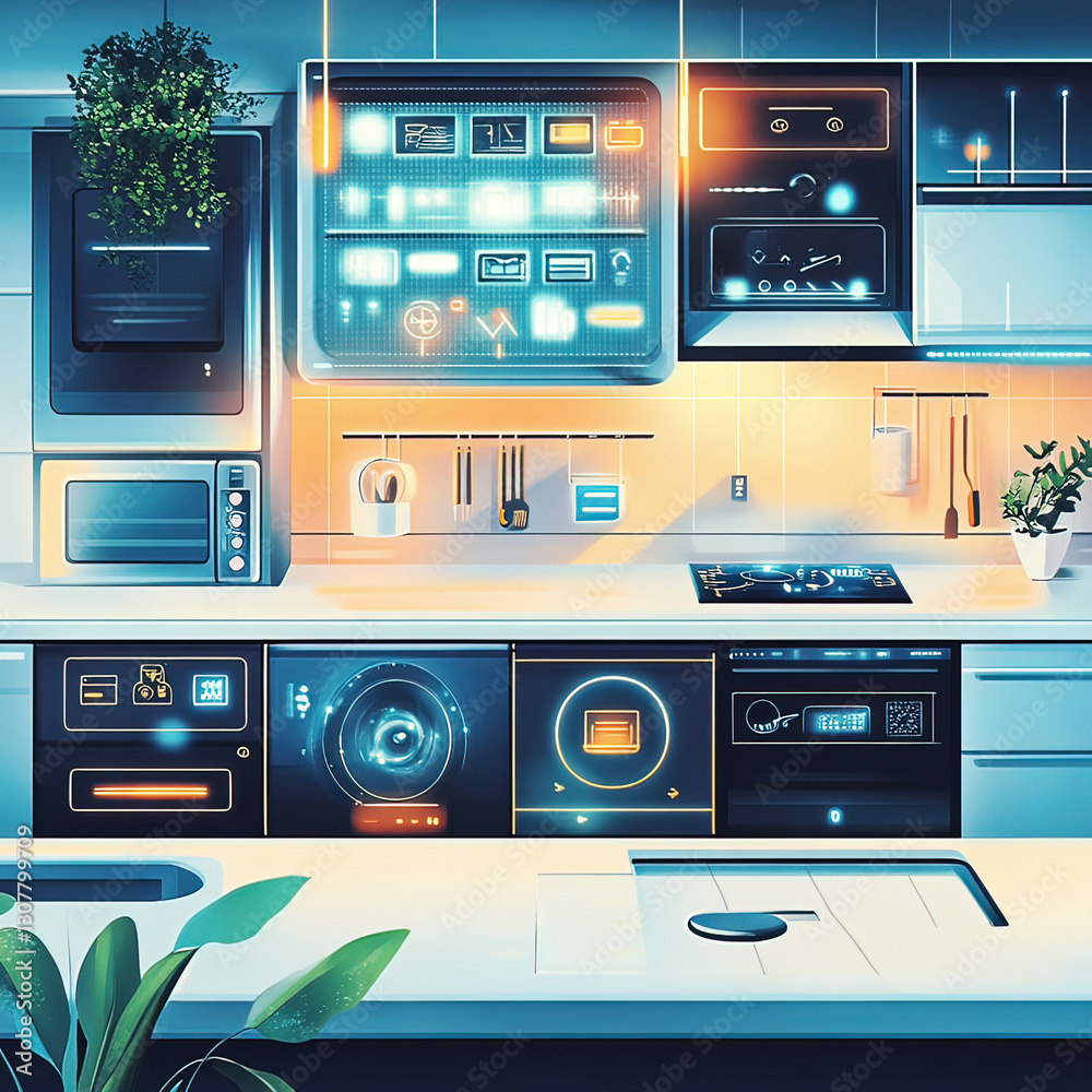 Fototapeta premium Smart Kitchen Technology: Digital illustration showing a smart home control panel in a high-tech kitchen, controlling various devices like the refrigerator, oven, and lights.