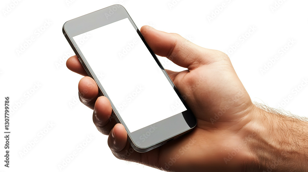 Smartphone in Hand: A vertical smartphone with a blank white screen held by a man’s hand, isolated against a white background for clear visibility