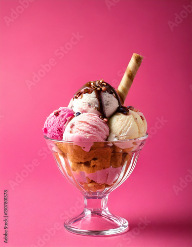 Obraz na płótnie ice cream sundae in a glass on a pink background w salonie