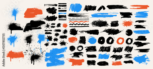 Black Dry Brush Strokes Set. Hand Drawn Ink Spots Isolated On White Background. Vector Illustration Black Dotwork Grain Texture, Charcoal Splashes.