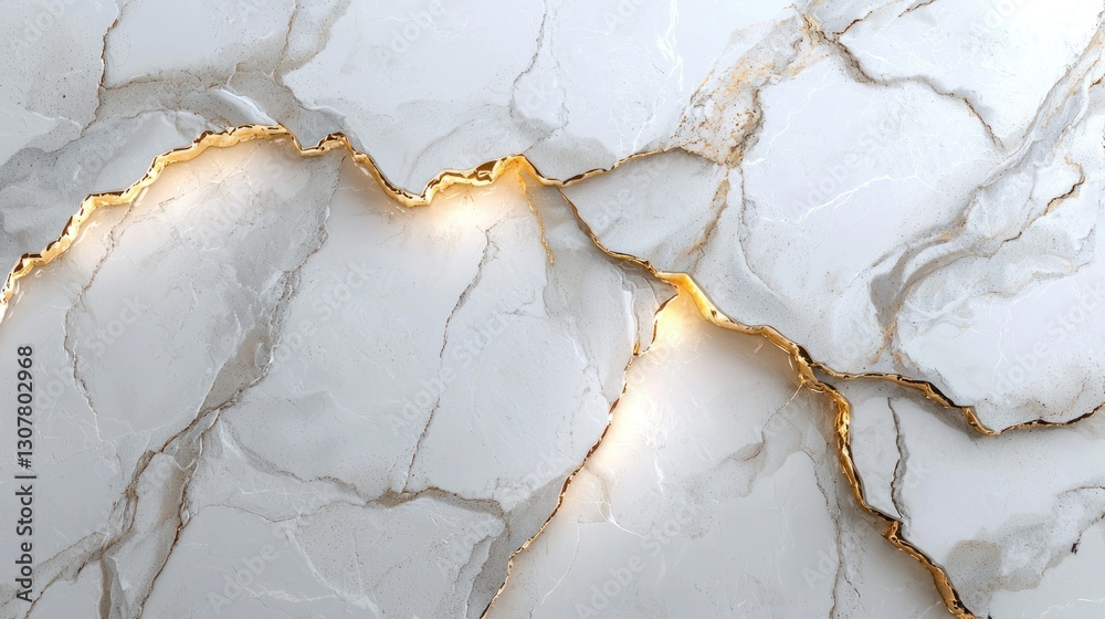 Fototapeta premium White marble slab features a golden vein running across the surface. Close-up