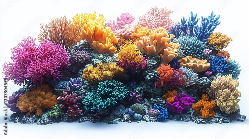 Fototapeta premium Vibrant coral reef ecosystem with various colorful corals and rocks.