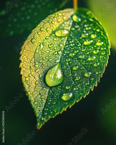 Fresh Green Leaf Adorned with Sparkling Water Droplets Displaying Nature s Refreshing Beauty