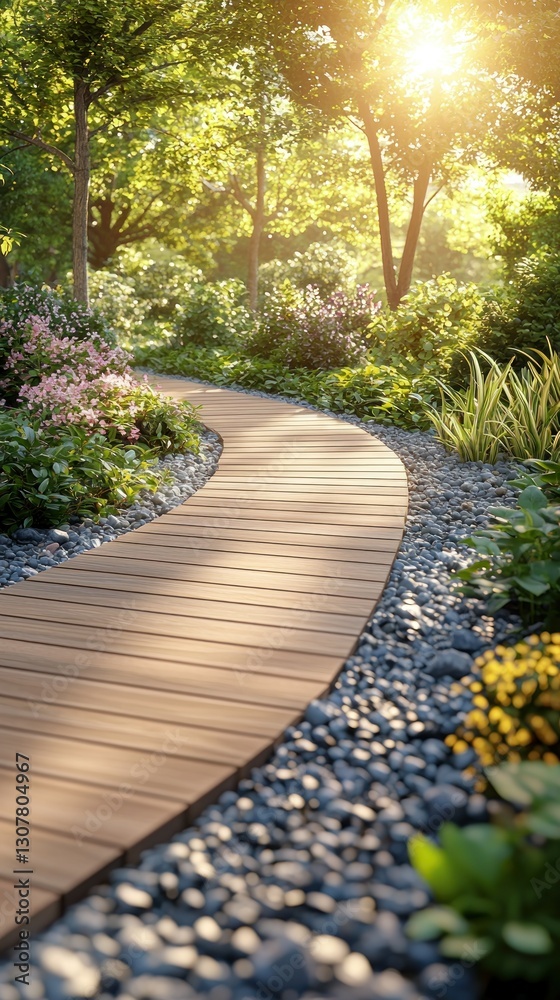 Winding path in garden, sunlit trees behind, flowers and stones Winding path in garden, sunlit trees behind, flowers and stones
