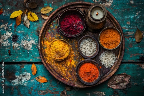 The traditional diwali puja thali, replete with colorful ingredients, flowers, and aglow candles, is a celebration of the festival of lights