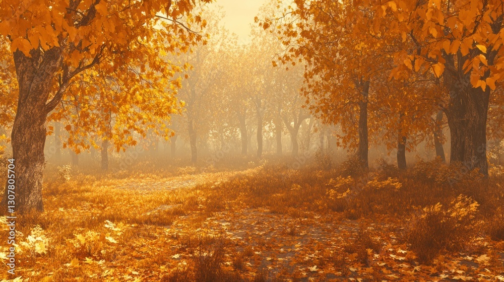 Fototapeta premium Golden hour in an autumn forest with leaves creating a serene and dreamy landscape