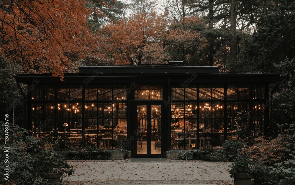 Modern glass conservatory nestled in autumn woods. Modern glass conservatory nestled in autumn woods.