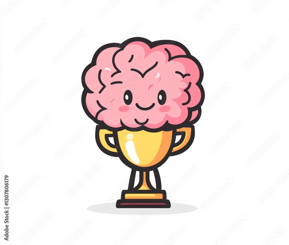 The cartoon brain character is illustrated holding a golden trophy aloft, signifying achievement and jubilation The cartoon brain character is illustrated holding a golden trophy aloft, signifying achievement and jubilation