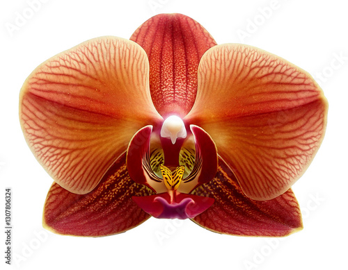 Rich Brown Orchid Flower with Velvety Petals and Intricate Patterns, Isolated on White Background, Showcasing Exotic Elegance and Natural Sophistication for Botanical Displays.
 photo