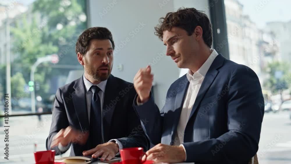Nervous manager ending call reacting bad news working with colleague closeup Nervous manager ending call reacting bad news working with colleague closeup