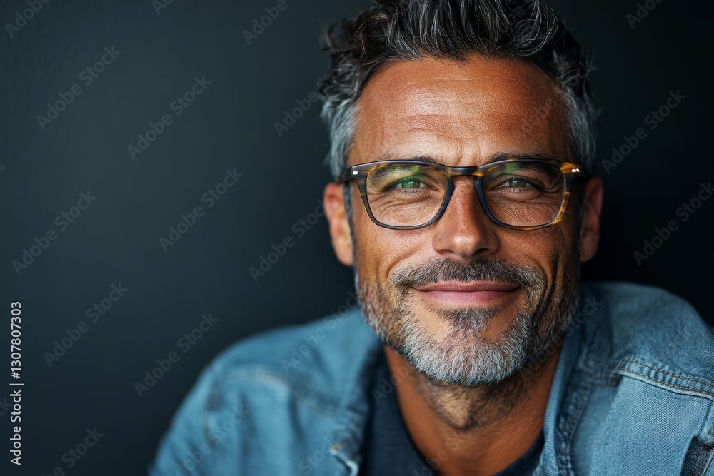 A businessman wearing eyeglasses and smiling is the subject of a studio portrait with a dark background A businessman wearing eyeglasses and smiling is the subject of a studio portrait with a dark background