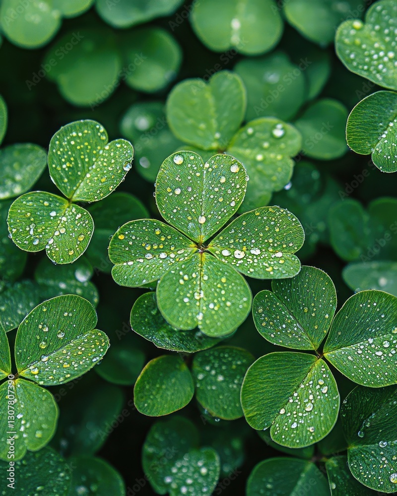Fototapeta premium Lucky Clover Patch Sparkling with Dew Drops Capturing the Essence of Spring and Natural Beauty