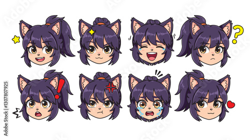 Avatares, Conjunto de Emojis Kawaii Face, Vector Diseño Arte 2D Comunicación de rostro con diferentes emociones, Kawaii Cara Emojis de chica gato Amime, Adorable Y Expresivo Niño O Niña Lindo