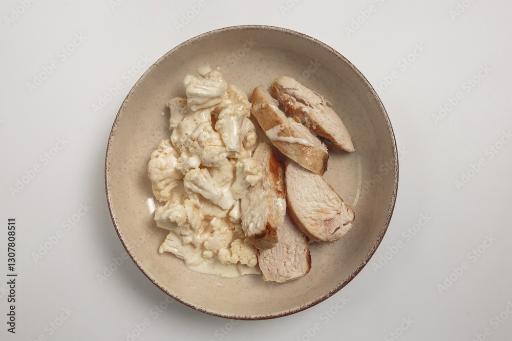 The image shows a bowl filled with a variety of cooked and sliced chicken pieces, as well as pieces of fresh cauliflower. The image shows a bowl filled with a variety of cooked and sliced chicken pieces, as well as pieces of fresh cauliflower.