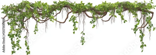 Liana vine border isolated on white serves as the backdrop for a modern cartoon illustration of jungle plants hanging on tree branches, green foliage frame for tropical adventure game landscape,
