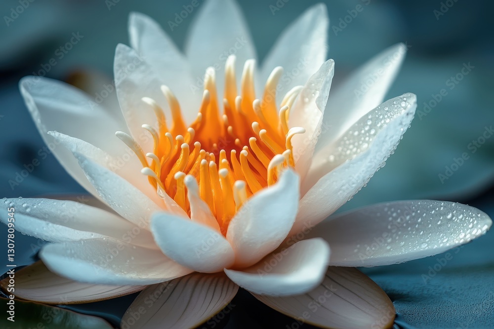 Fototapeta premium Serene White Water Lily Blooming with Golden Stamens and Dewdrops Enhancing Floral Beauty