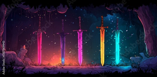 Isolated on a background, a modern cartoon illustration showcases magic game swords and medieval weapons, including knight or viking metal daggers decorated with gemstones and featuring ice or fire