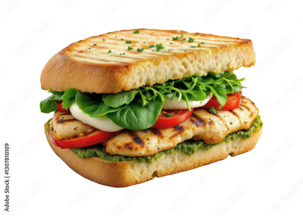 Grilled Chicken Sandwich with Fresh Spinach, Sliced Tomatoes, Mozzarella, Pesto Sauce and Garlic Butter on Toasted Ciabatta Bread Isolated on Transparent and White Background Grilled Chicken Sandwich with Fresh Spinach, Sliced Tomatoes, Mozzarella, Pesto Sauce and Garlic Butter on Toasted Ciabatta Bread Isolated on Transparent and White Background