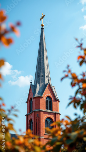 A church with a tall steeple and a cross at its peak, set against a blue sky backdrop.