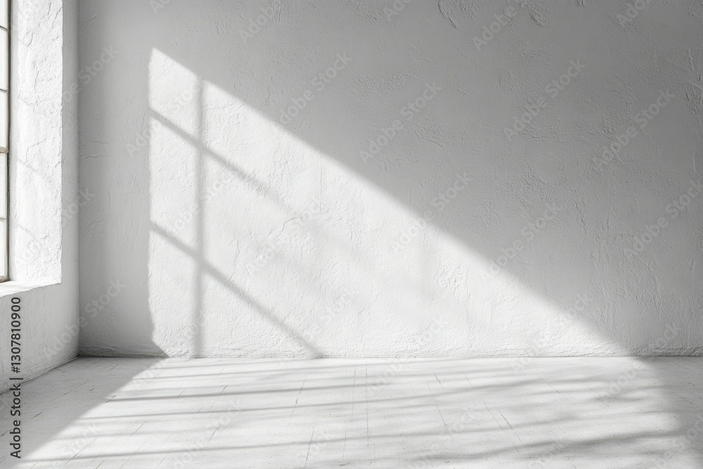 Sunlight streams through a window onto a white wall and floor, creating a minimalist scene. Sunlight streams through a window onto a white wall and floor, creating a minimalist scene.